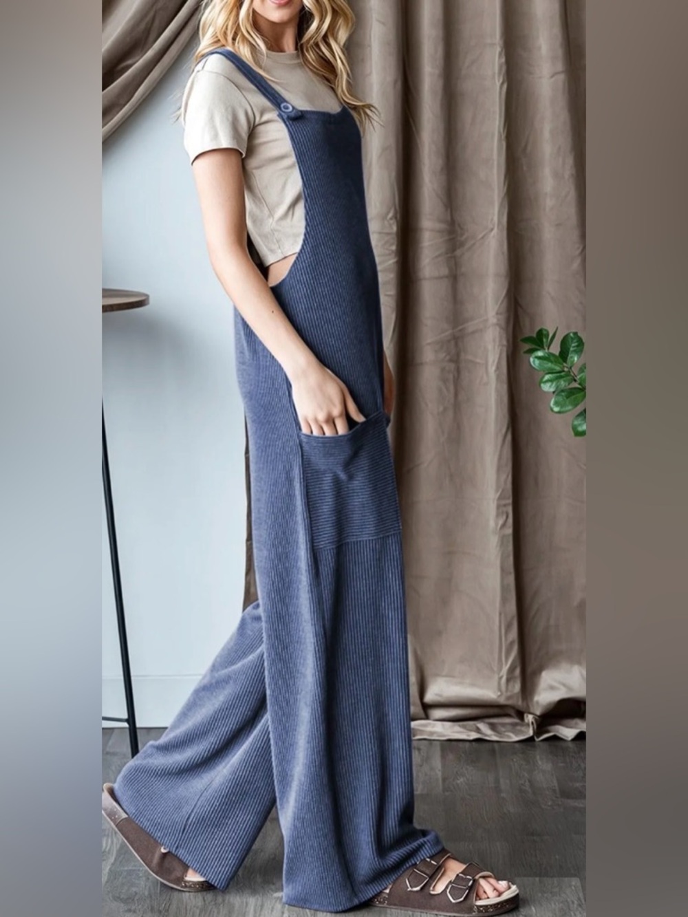 Women's Casual Jumpsuit Ribbed Front Pockets Loose Overalls One Piece - Picture 3 of 3